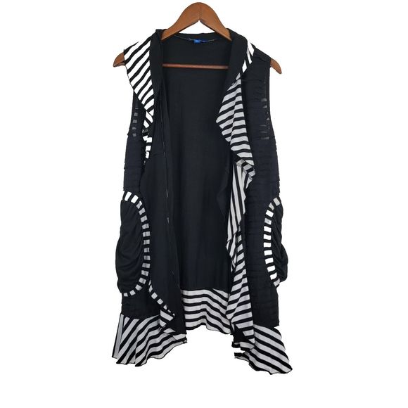 Aster by Firmiana XL Cardigan Black White Sleeveless Open Front Distressed Flowy - Picture 1 of 7